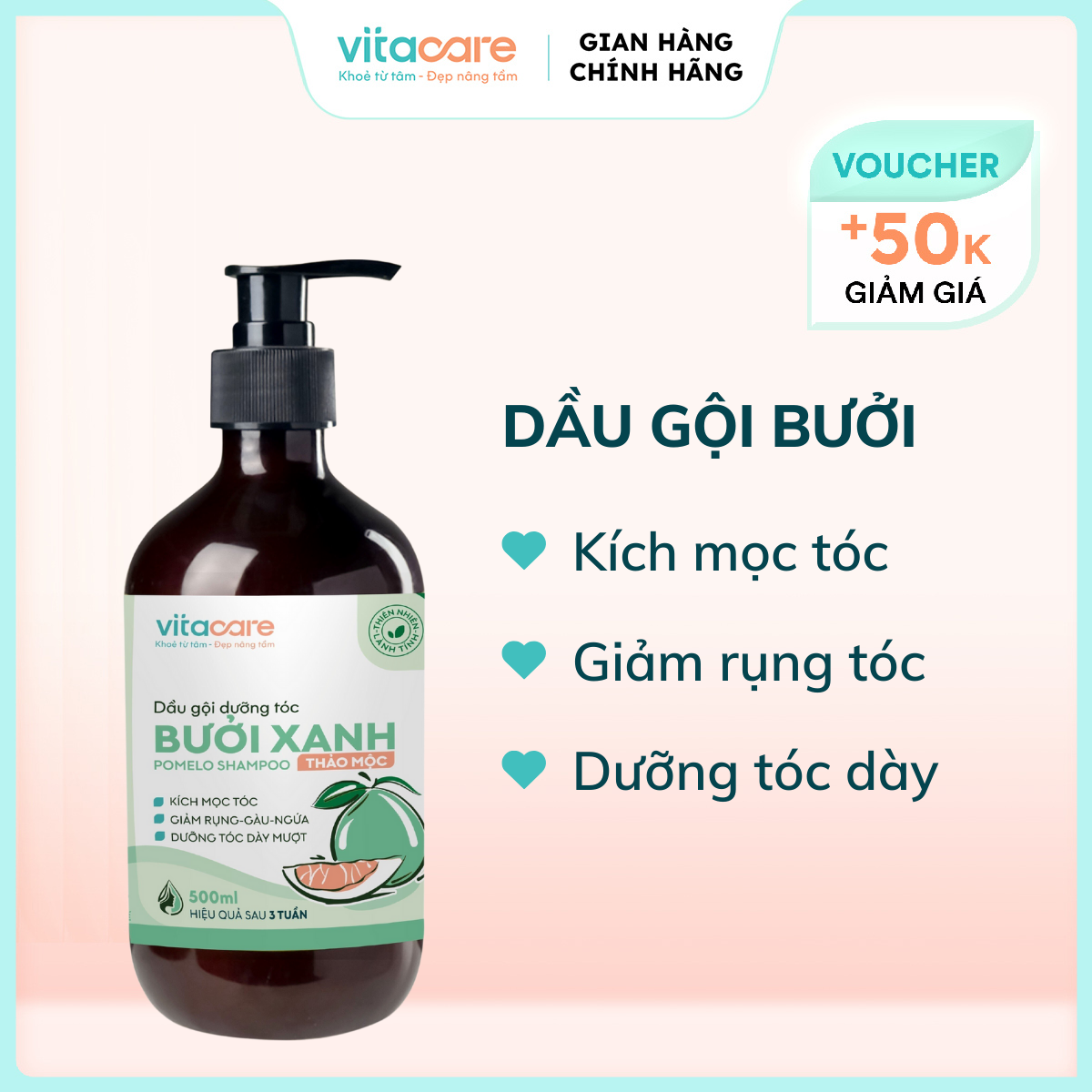 Dầu gội bưởi xanh Vitacare - Dầu gội mọc tóc nhanh, ngăn rụng tóc và nuôi dưỡng tóc suôn mượt