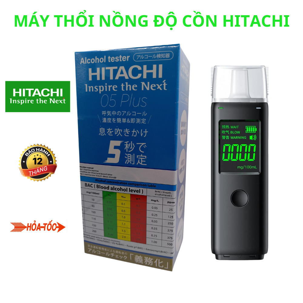 Máy thổi nồng độ cồn Hitachi Nhật Bản Máy đo nồng độ cồn đạt chuẩn 99 ROHS tặng kèm 5 đầu thổi bảo hành 1 năm