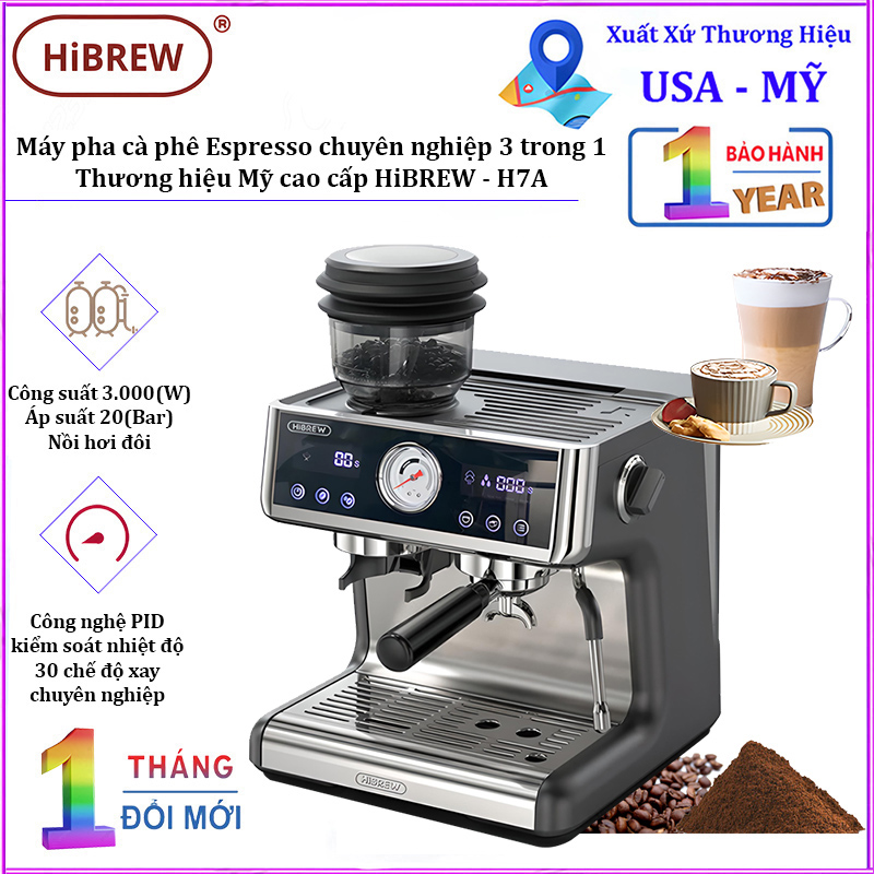 Máy pha cà phê Espresso chuyên nghiệp 3 trong 1, thương hiệu Mỹ cao cấp HiBREW H7A. Áp suất 20Bar