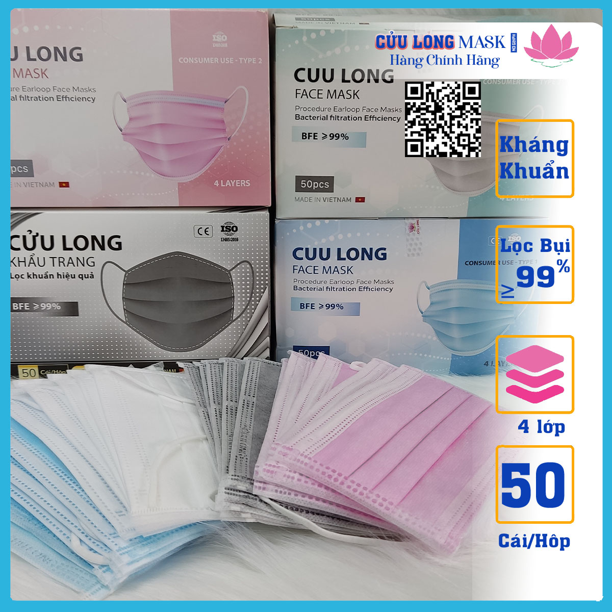 Khẩu trang y tế 4 lớp hộp 50 cái Cửu Long, Hàng chính hãng dày dặn- không xù long