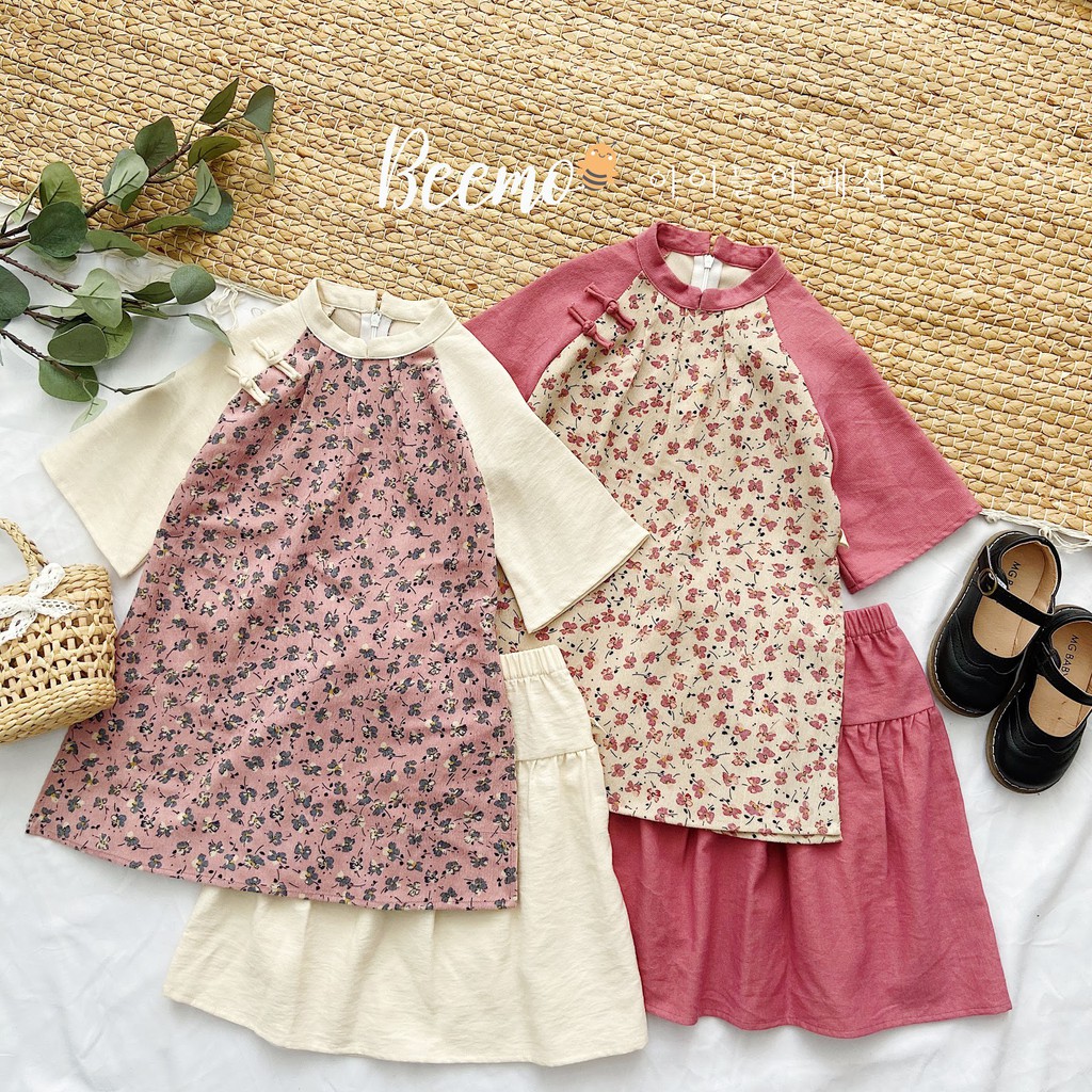 Set Áo Dài Cô Ba Sài Gòn Beemo, Chất Liệu Nhung Tăm, Chân Váy Cạp Chun Co Dãn, Tay Loe Điệu Đà B025