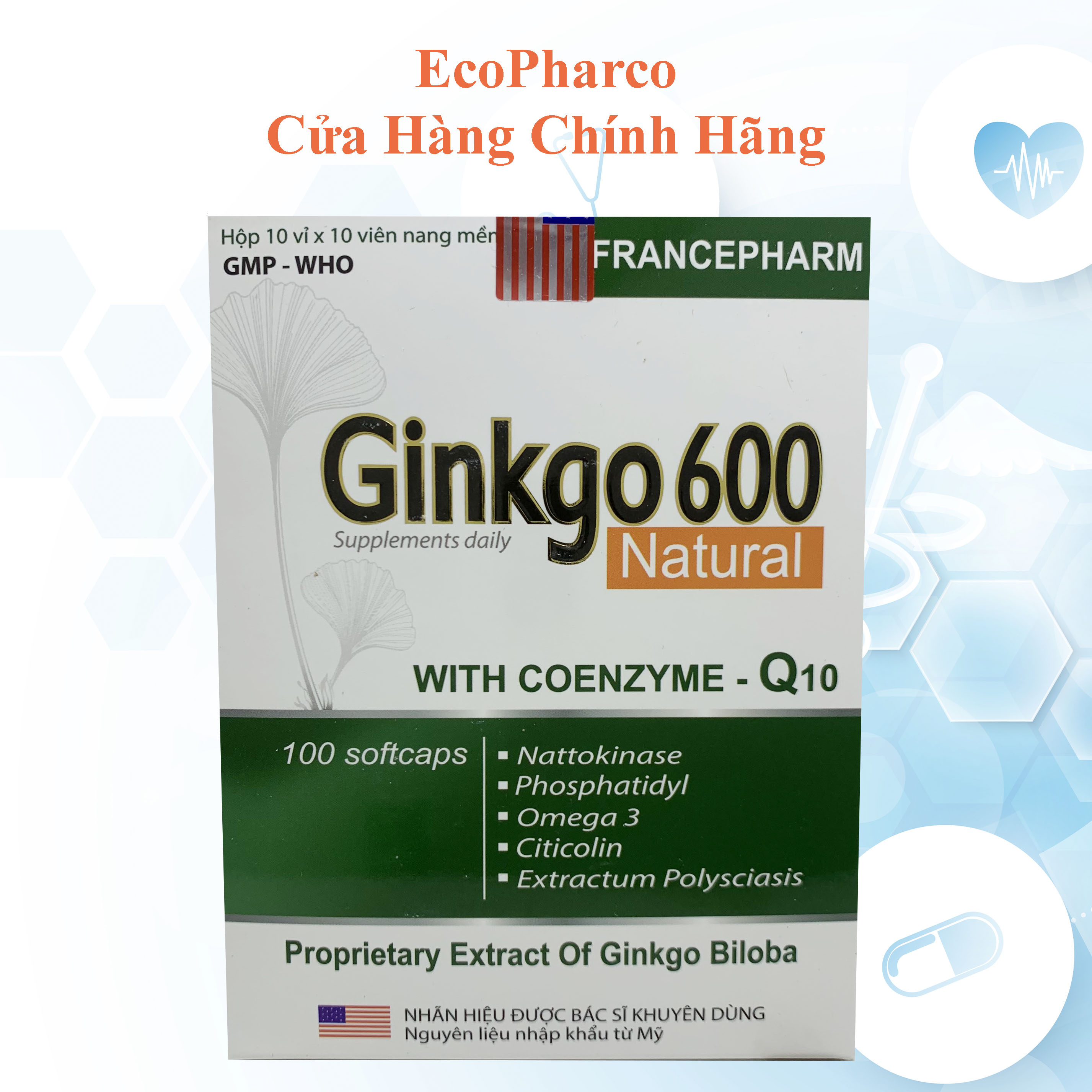 Ginkgo 600 Giúp hoạt huyết dưỡng não bền thành mạch hộp 100 viên