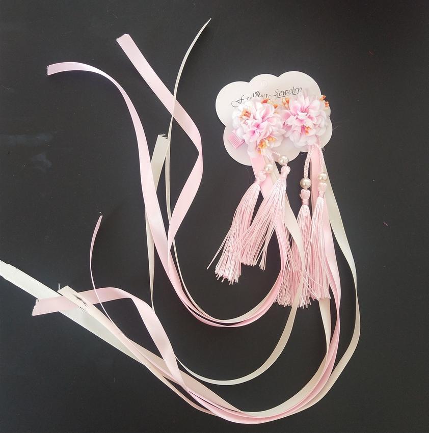 Kẹp tóc bông hoa viền trắng tua rua lụa dài Cài tóc cổ trang quà tặng xinh xắn