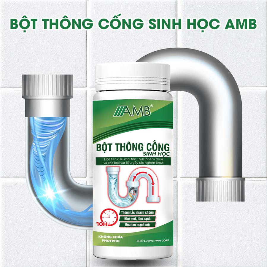 Bột thông cống sinh học AMB Viện Hàn lâm khoa học Việt Nam thông tác cống đường ống bồn rửa bát rửa mặt