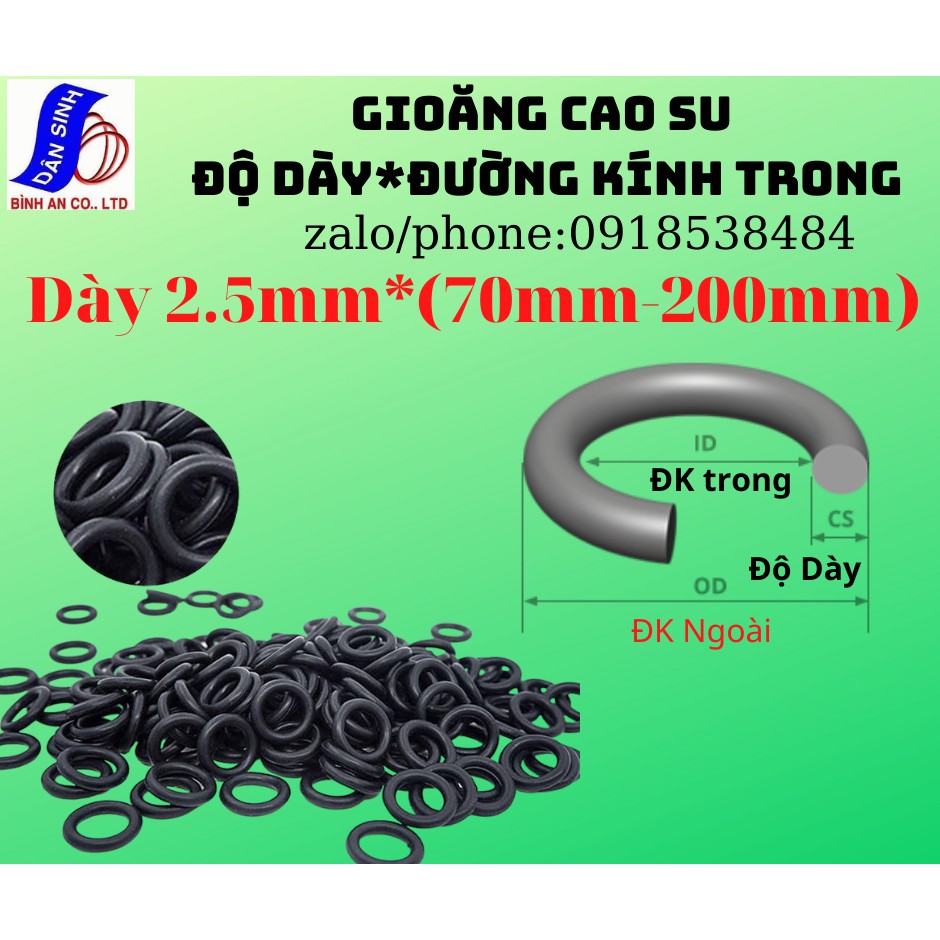 Dày 2.5mm, Đường kính trong Từ 70mm đến 200mm x ,Gioăng cao su Oring NBR