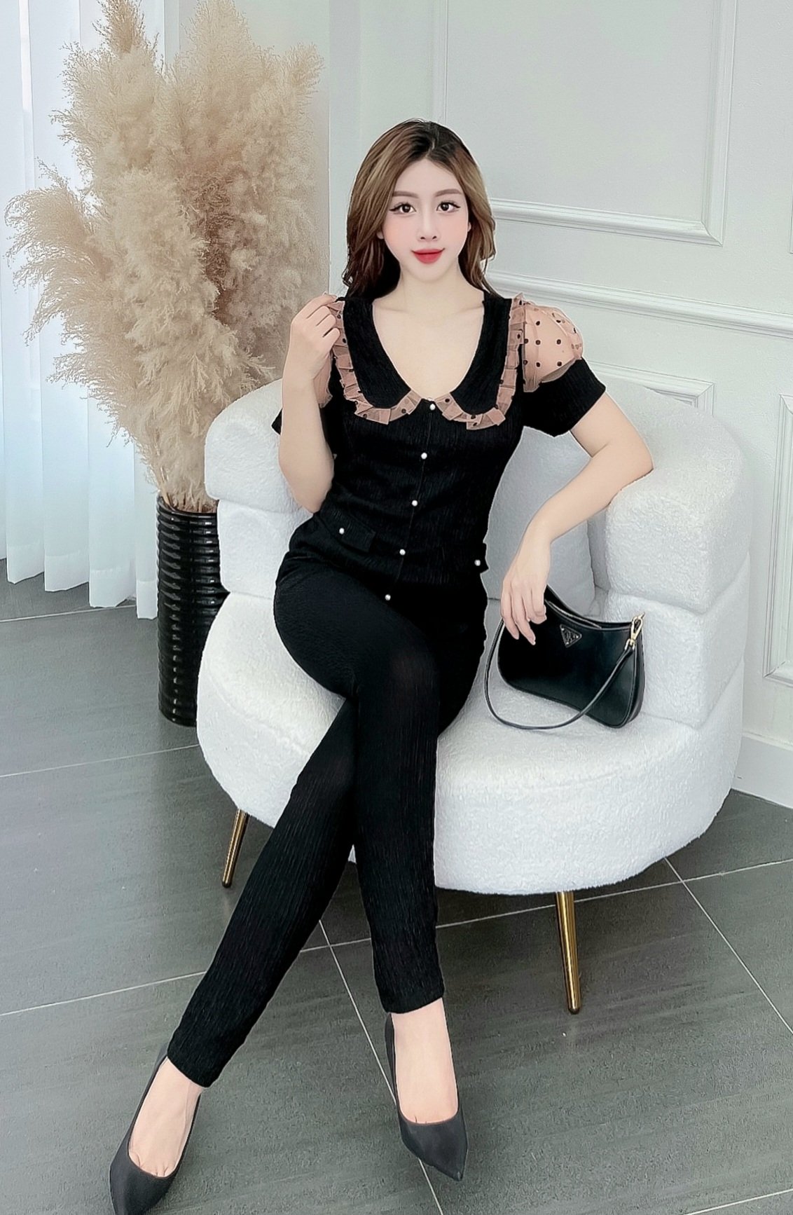 Bộ đồ mặc nhà quần dài vải xốp, Set quần áo đồ bộ tay ngắn - cn156