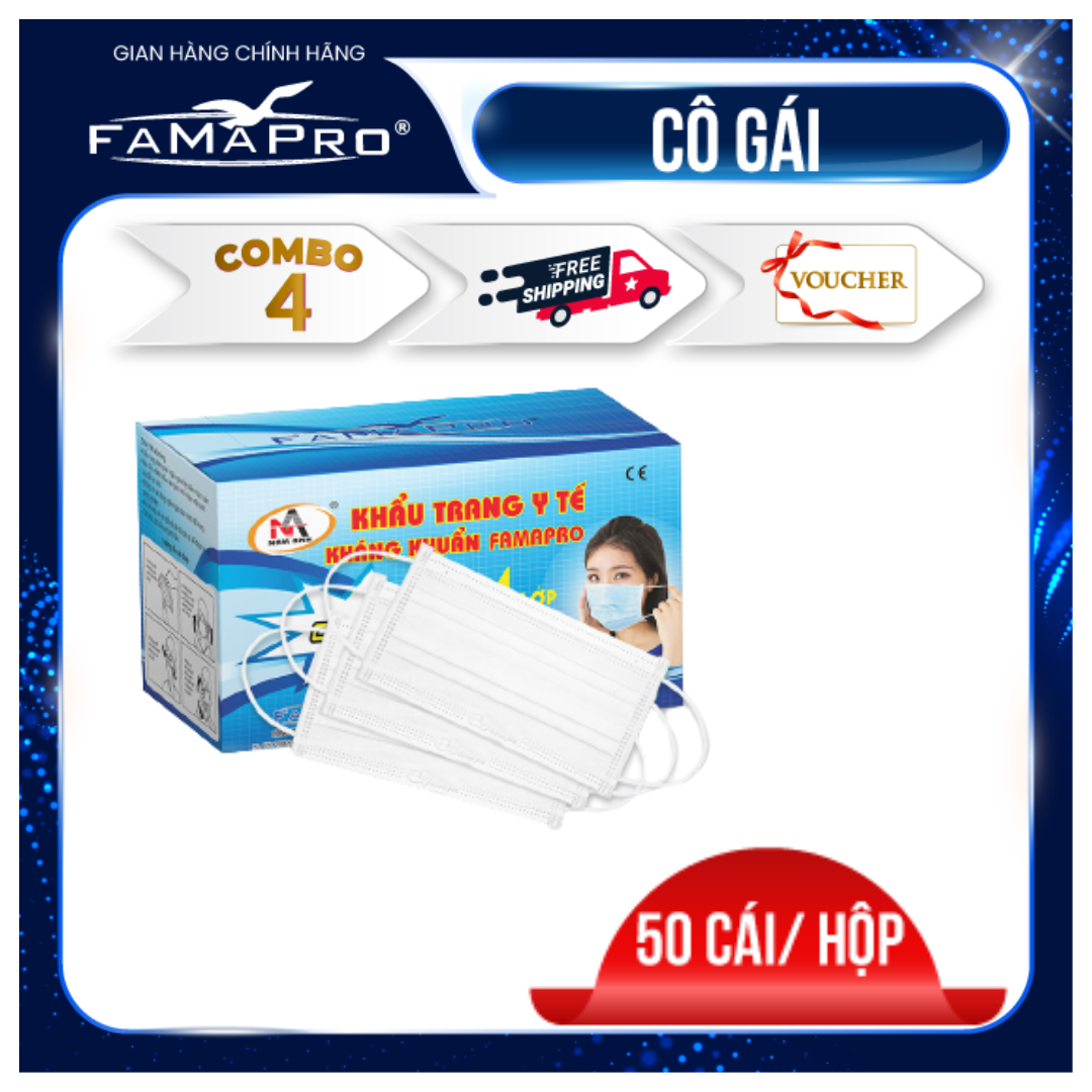 [FAMAPRO - CÔ GÁI - COMBO 4 HỘP] Khẩu trang y tế 4 lớp kháng khuẩn FAMAPRO (50 cái / Hộp)