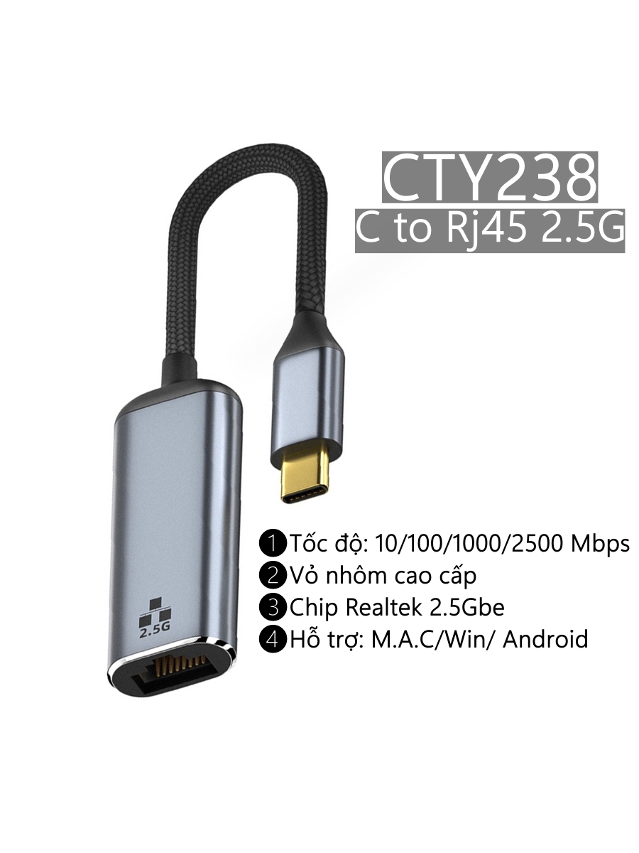 Cáp chuyển usb type c to Ethernet, RJ45 hỗ trợ Gigabit, 2.5G