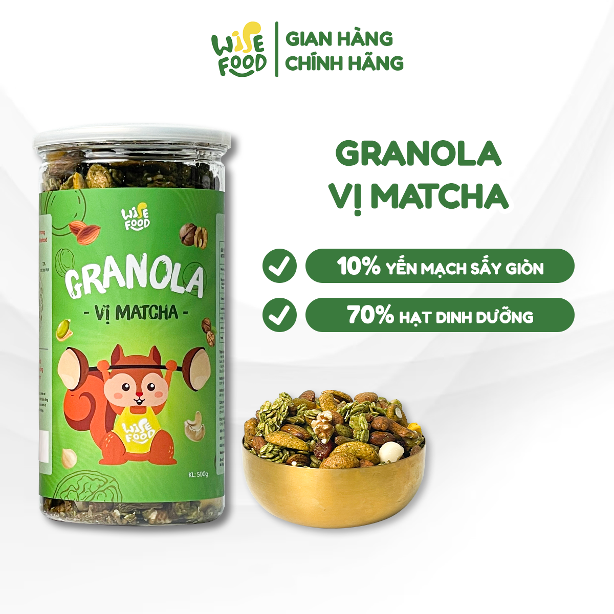 Granola siêu hạt vị matcha 500g wise food yến mạch sấy giòn, ngũ cốc hỗ trợ giảm cân