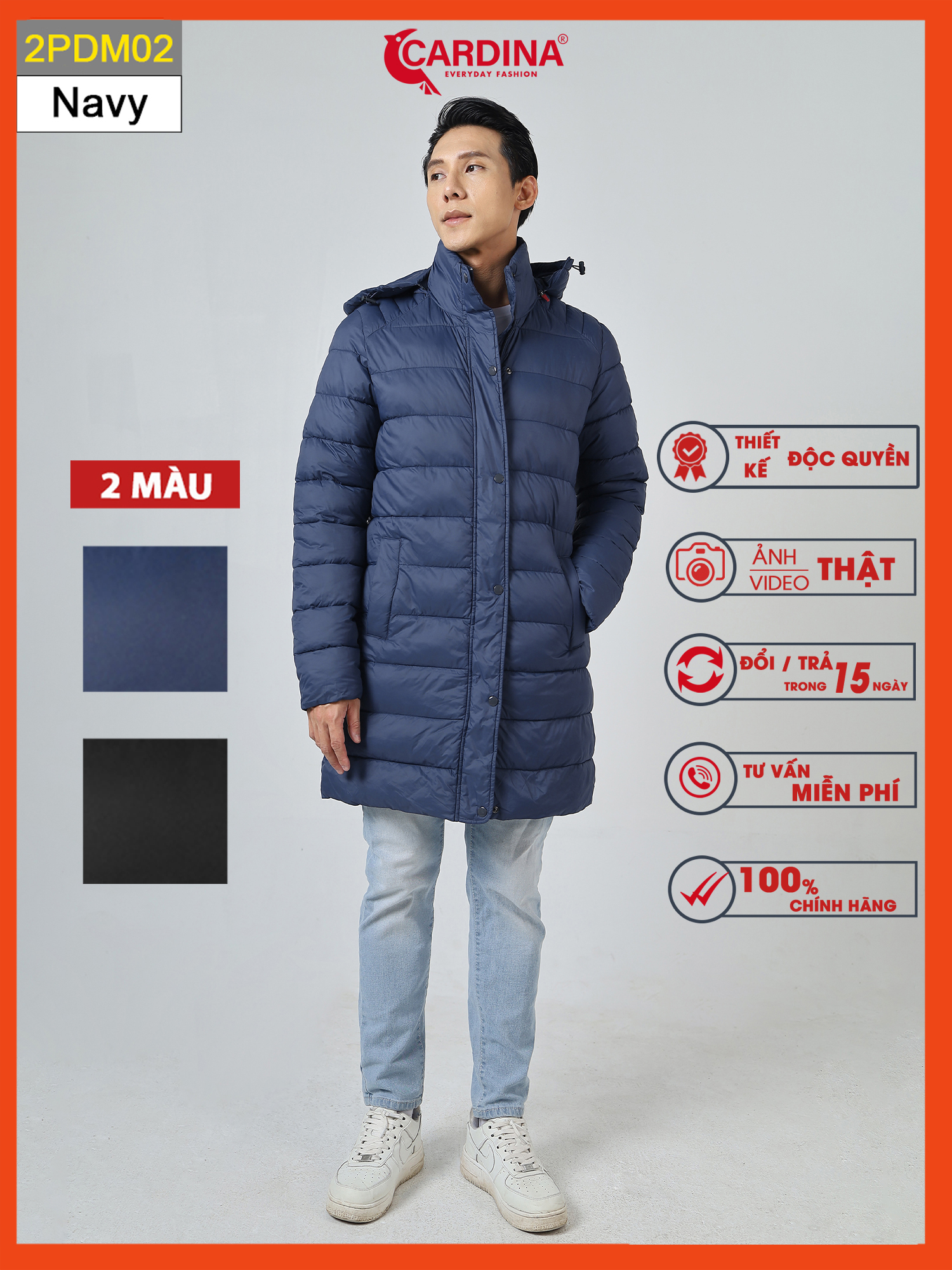 Áo khoác phao nam 𝐂𝐀𝐑𝐃𝐈𝐍𝐀 trần bông nhật cao cấp dáng dài siêu nhẹ siêu ấm 2pdm