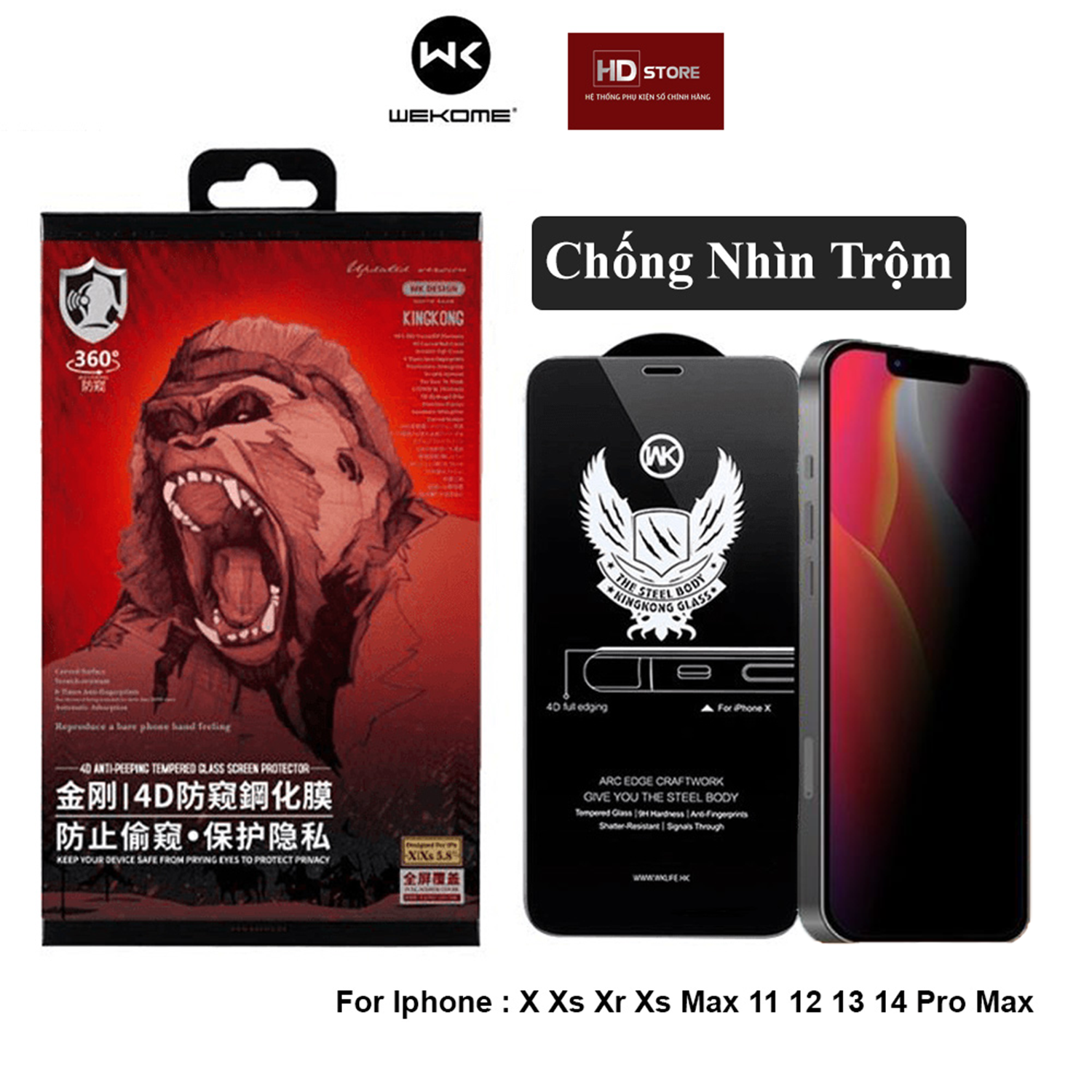 Kính cường lực kingkong chống nhìn trộm 4d wk wekome iphone 7plus 8 plus x xs xr xs max 11 12 13 14 pro max hd store