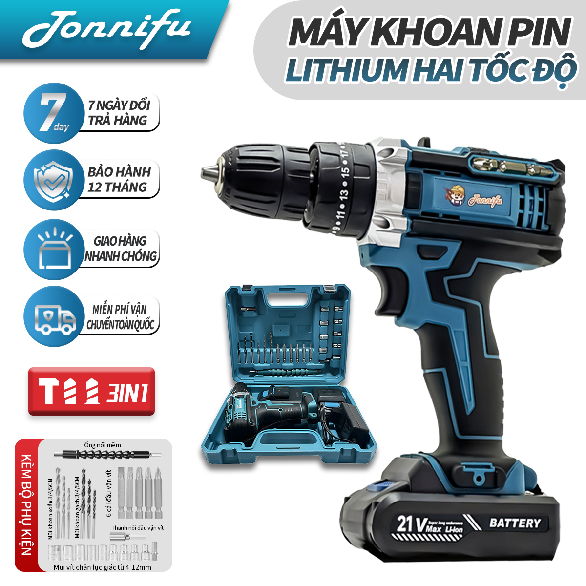Máy khoan pin - 3 chức năng có búa, đầu kẹp 10mm, ruột đồng 100%, kèm bộ phụ kiện 24 chi tiết VALI-531XL
