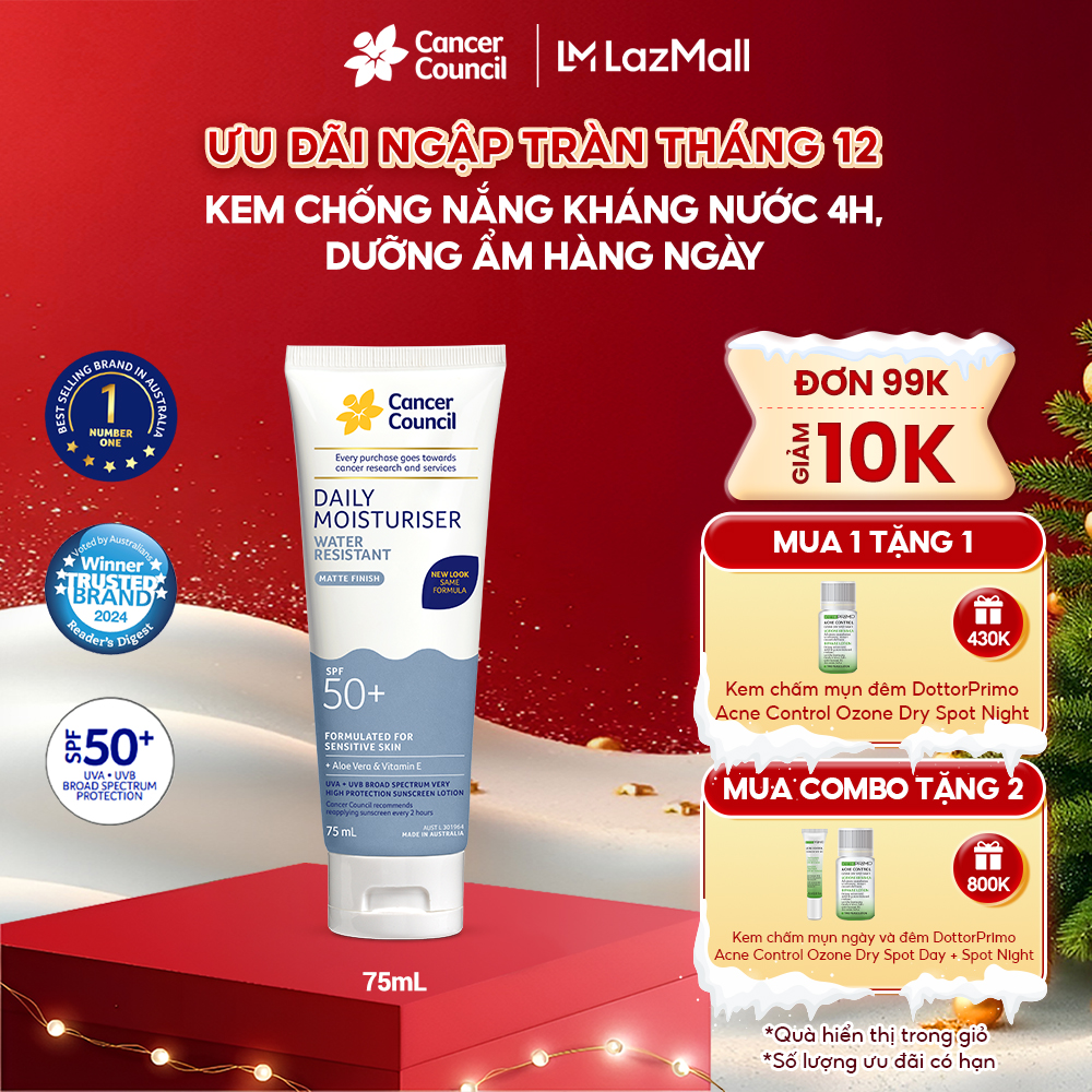  Kem chống nắng Cancer Council Daily Water Resistant SPF50+ 75mL hỗ trợ dưỡng ẩm mỏng nhẹ chống nước dùng hằng ngày giúp bảo vệ da khỏi tác hại từ tia UVA UVB và ánh nắng mặt trời 