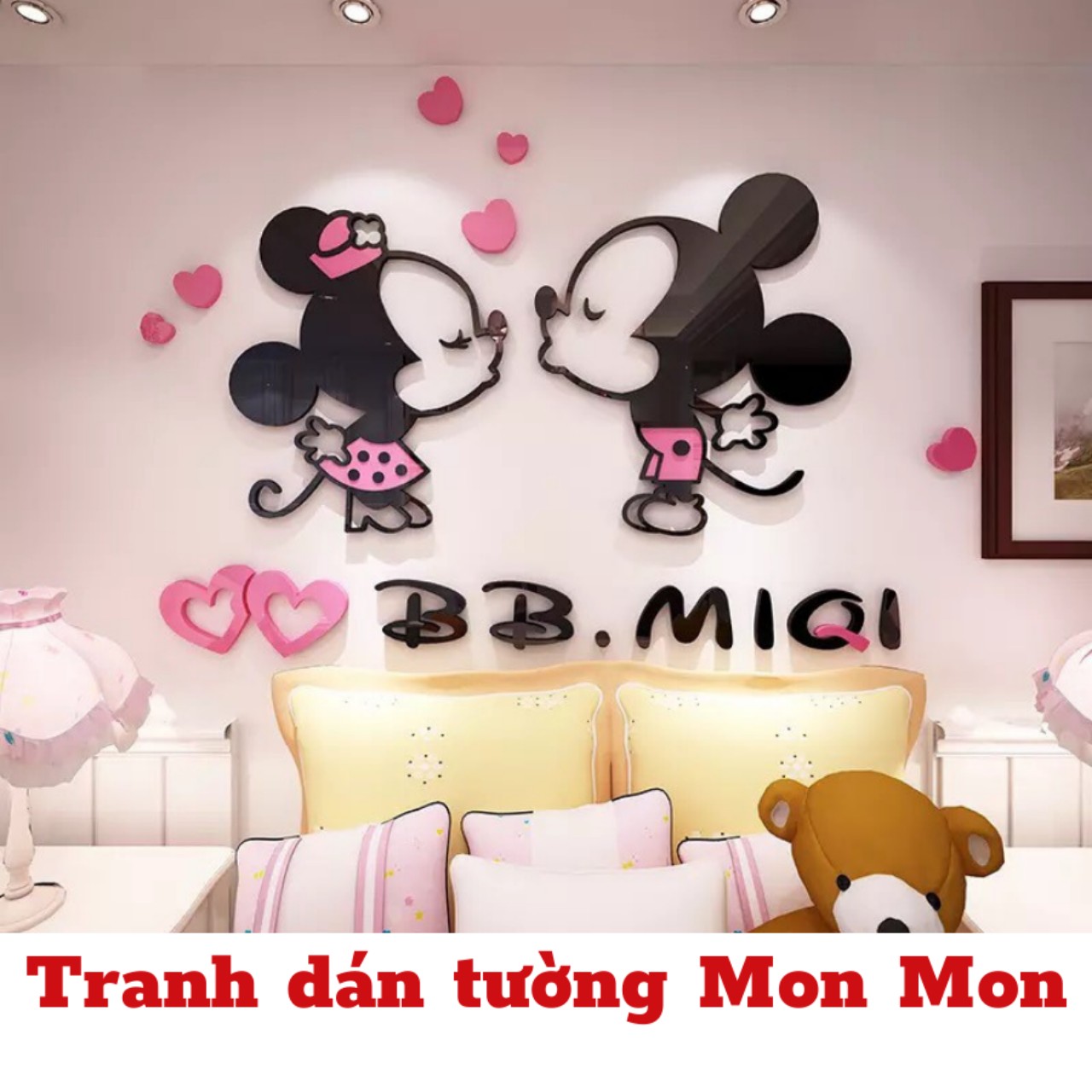 Tranh dán tường Mon Mon - Decal dán tường mica 3d hình mickey hồng dễ thương, tranh mica trang trí phòng khách, phòng ngủ, cửa hàng đẹp mắt
