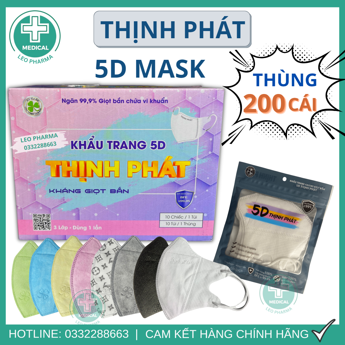 Thùng 200 cái khẩu trang y tế 5d mask thịnh phát chính hãng, 3 lớp vải không dệt kháng khuẩn