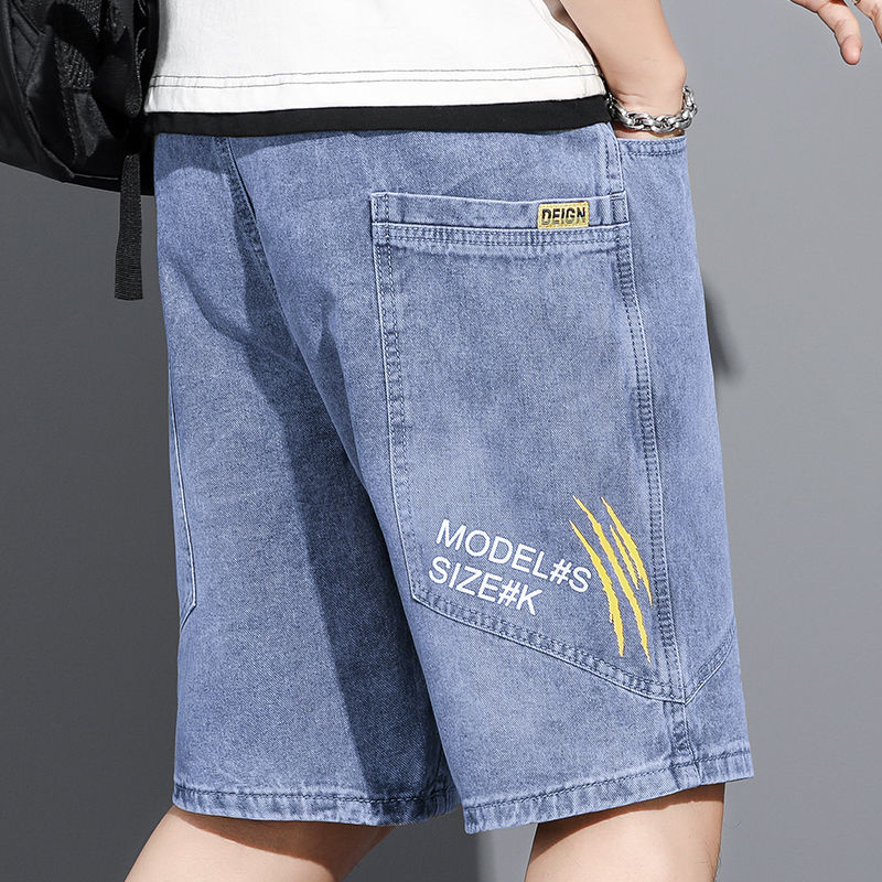Cỡ lỡn đàn hồi Quần short denim cho nam phong cách Hàn Quốc lỏng nhân quả cổ điển quần in thời trang đường phố HOT ●8/27✇✻☜