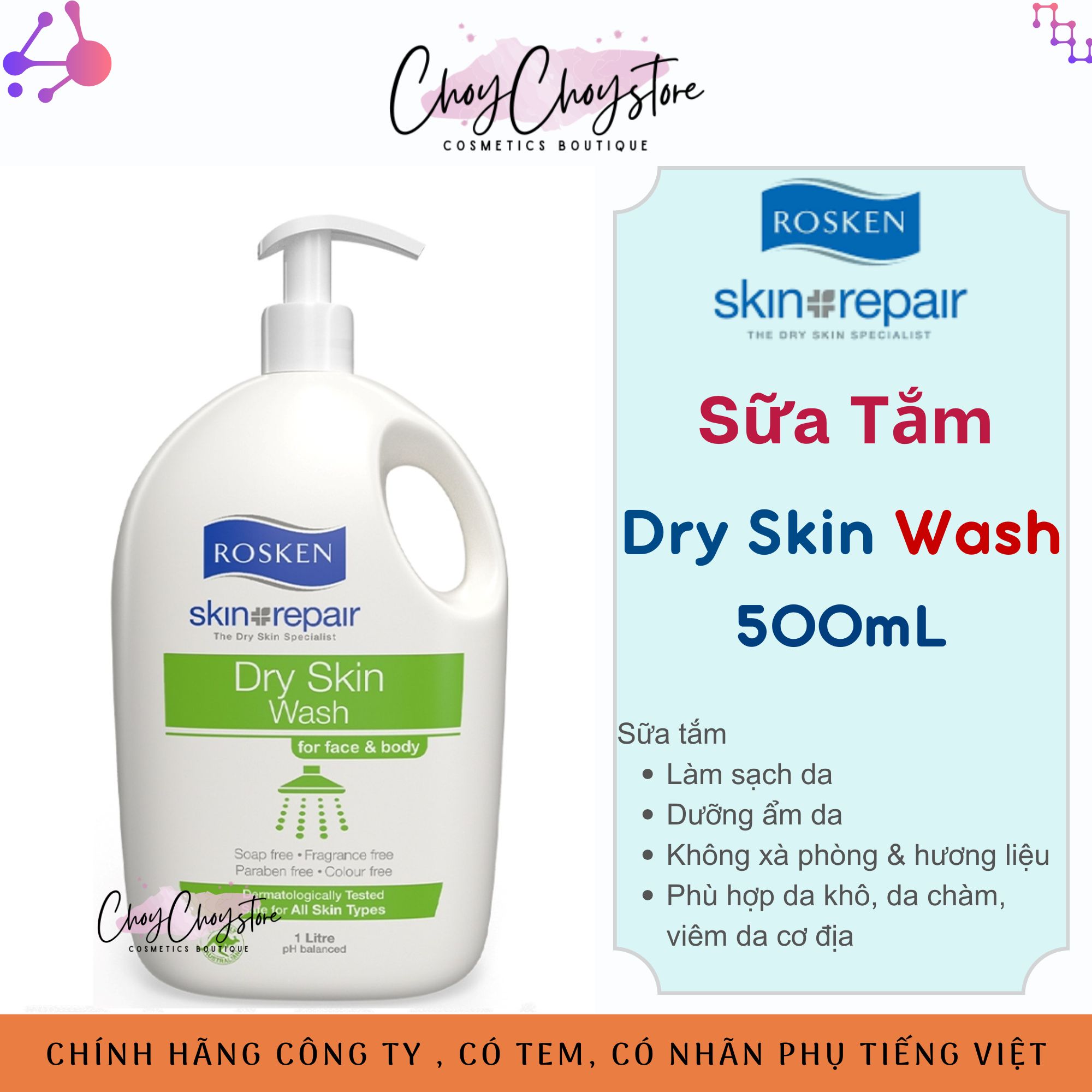 Sữa Tắm Rosken Dry Skin Wash For Face and Body 500mL Cho Da Chàm, Da Khô (Hàng Nhập Khẩu)