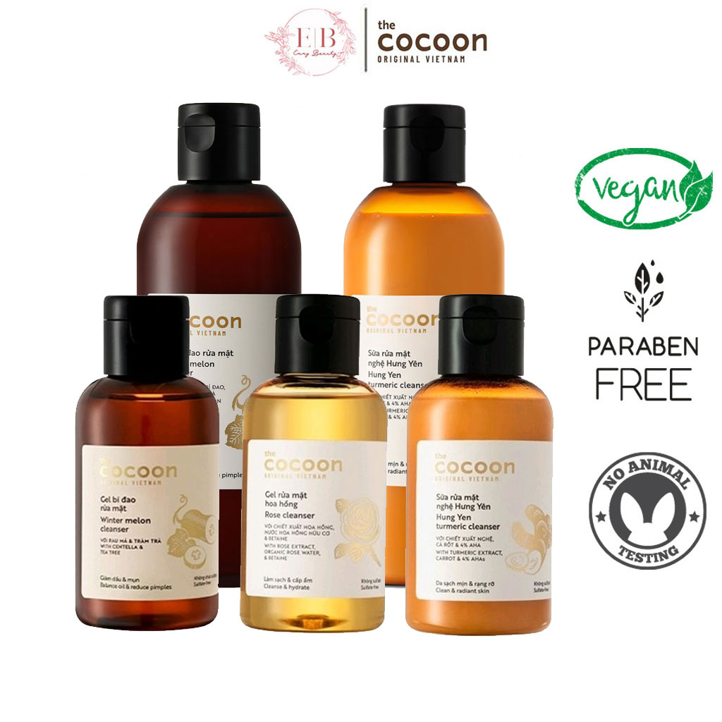 Gel rửa mặt Cocoon: Gel Bí Đao rửa mặt - Gel rửa mặt hoa Hồng - Sữa rửa mặt Nghệ Hưng Yên