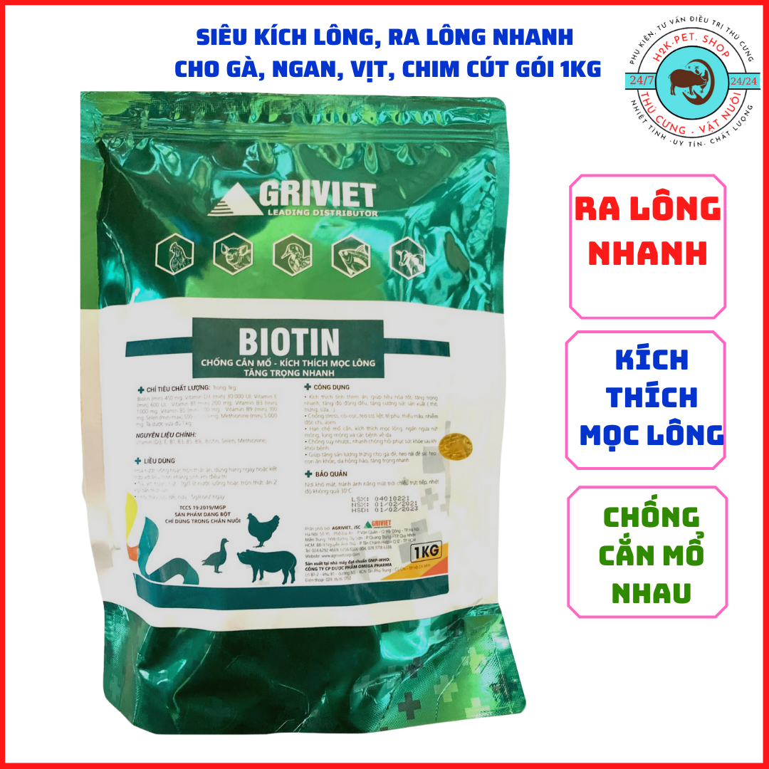 Biotin lên lông, mượt lông cấp tốc, chống cắn mổ cho gia súc gia cầm gói 1kg
