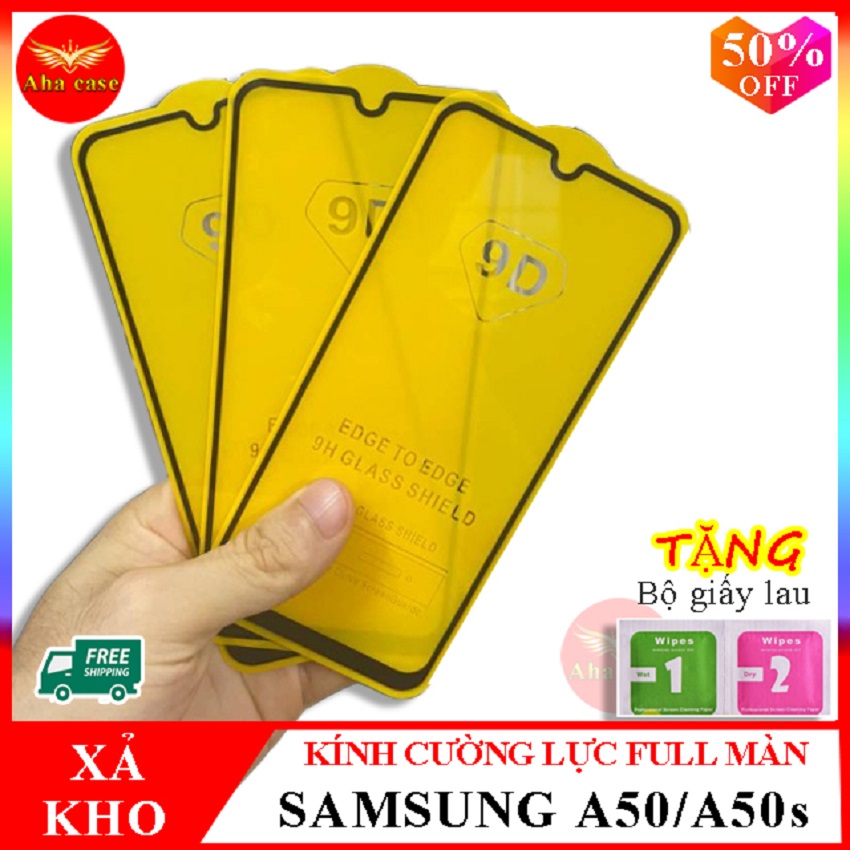 Kính cường lực SAMSUNG A50 ,Kính cường lực SAMSUNG A50s FULL màn hình , Tặng kèm giấy lau ướt và giấy lau khô, Aha Case