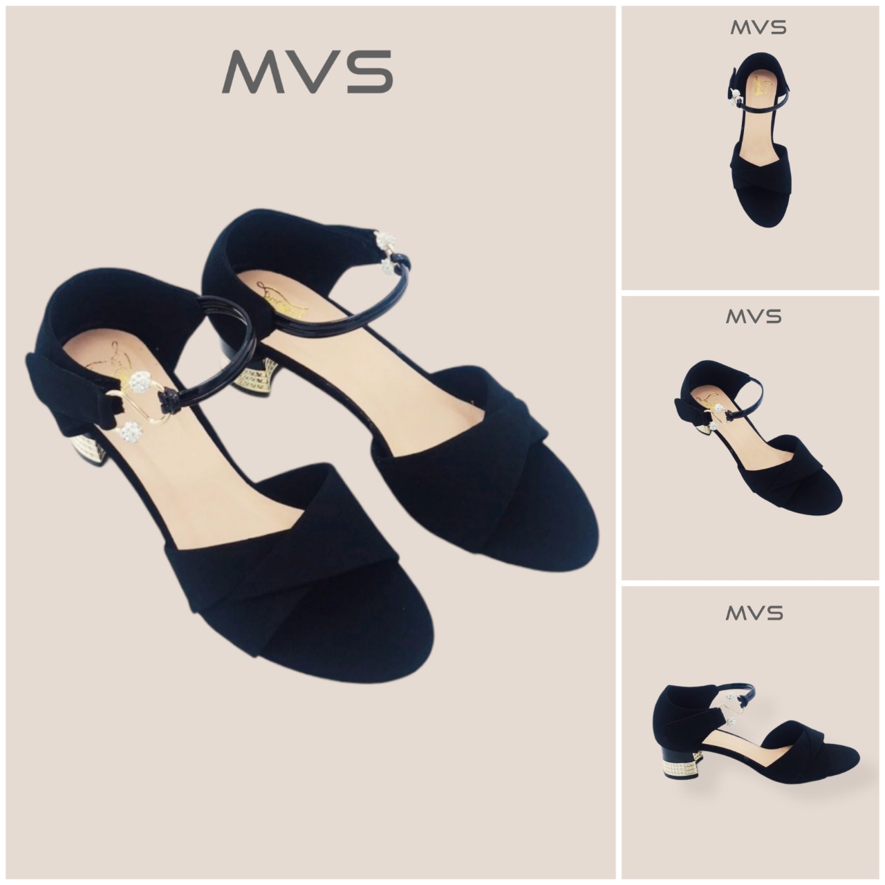 [HCM]Giày Sandal Cao Gót Hở Mũi Cao 5Cm Đính Ngọc (Đen) - Giày Dép MVS