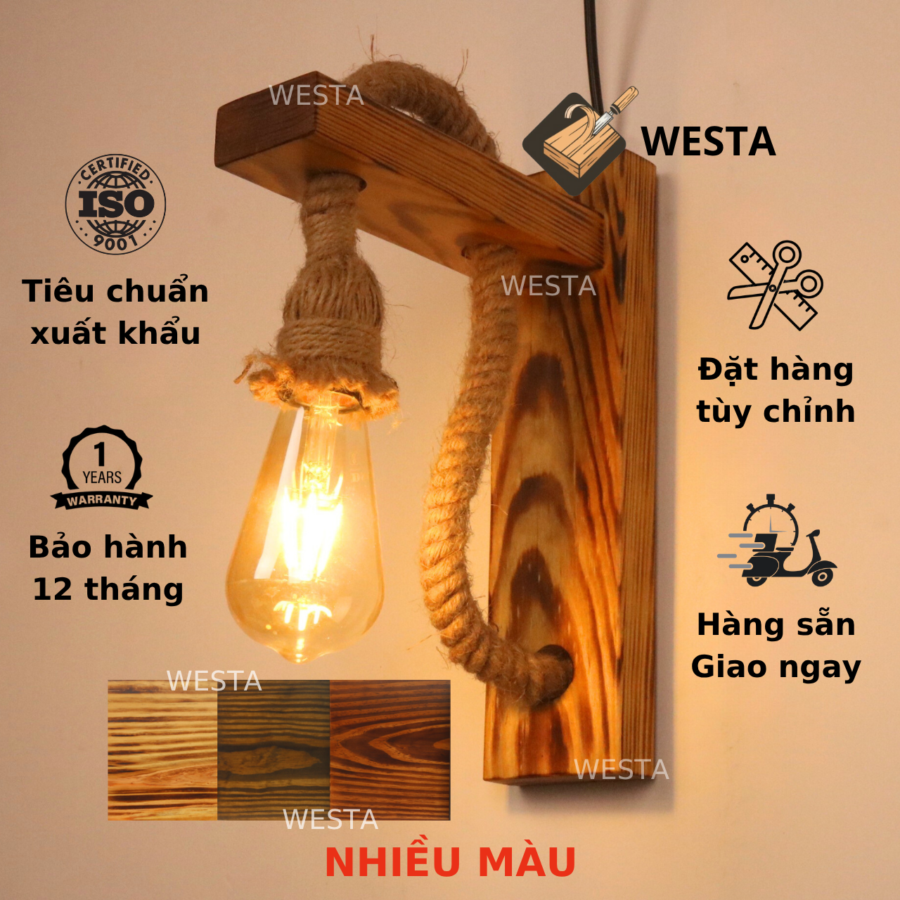 Đèn gỗ décor, Đèn dây thừng gỗ vintage, Đèn sân vườn, Đèn treo tường trang trí quán café, nhà hàng, cầu thang, hành lang