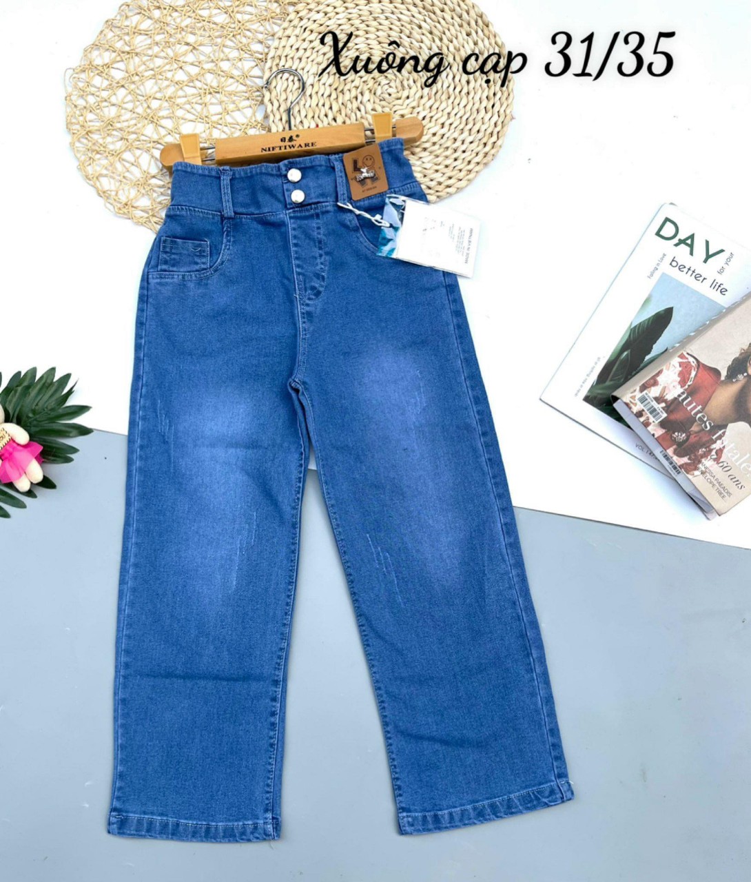 Quần jeans ống xuông đính ngọc sang chảnh xịn đẹp cho bé gái 16-30kg