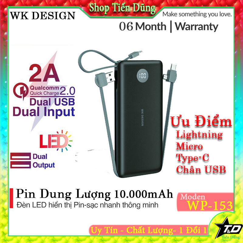 Sạc dự phòng wk design wp-153 dung lượng 10.000mah có đèn len hiển thị pin có các dây sạc chân lightning micro type - c