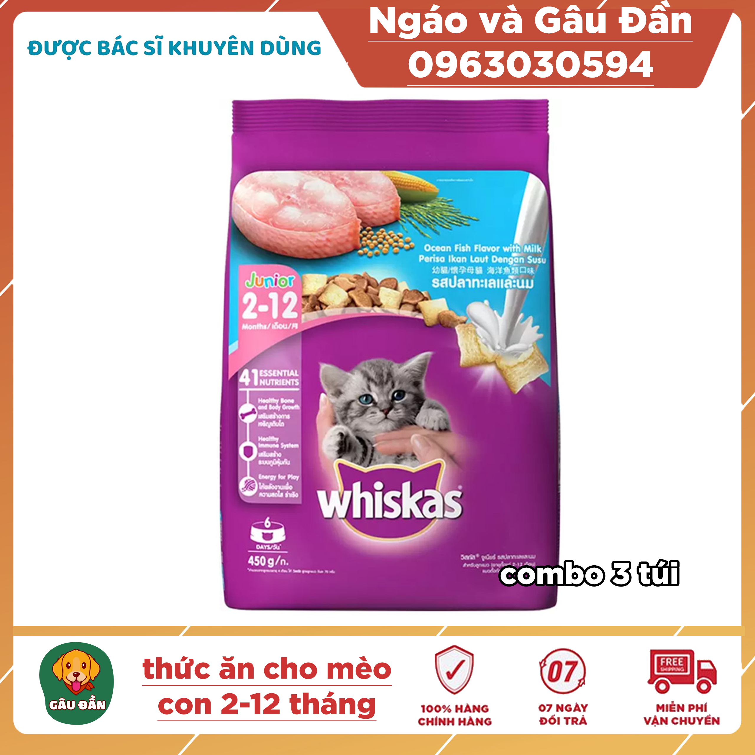Combo 3 gói Thức ăn cho mèo con từ 2-12 tháng tuổi Whiskas Junior 1.1kg