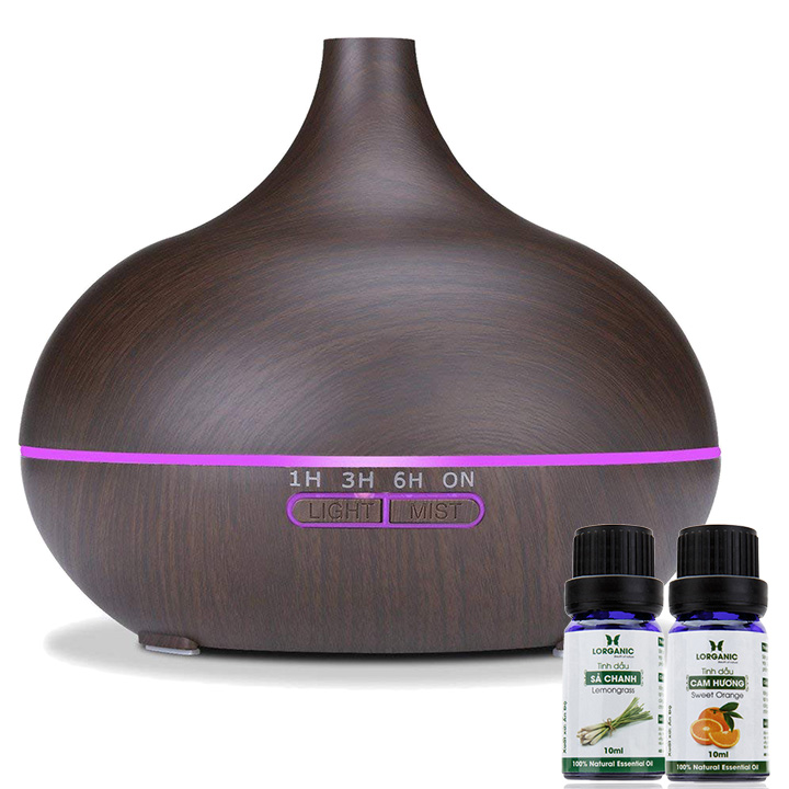 Combo máy khuếch tán tinh dầu giọt nước lớn gỗ nâu Lorganic FX2023 + tinh dầu sả chanh + tinh dầu cam Lorganic (10ml x2)