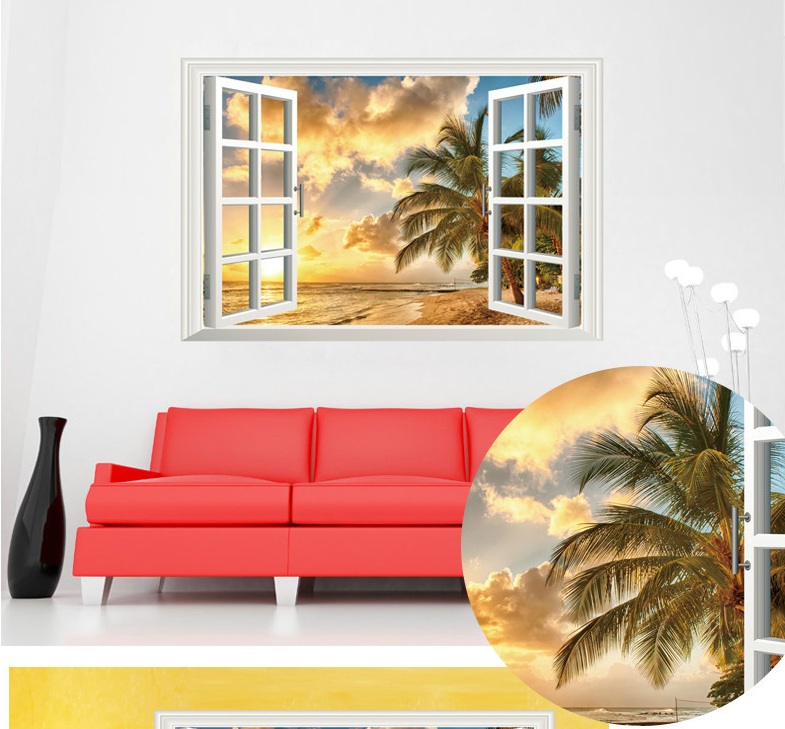 [HCM]Decal trang trí tường Cửa sổ 3D phong cảnh bãi biển hoàng hôn AMYSHOP