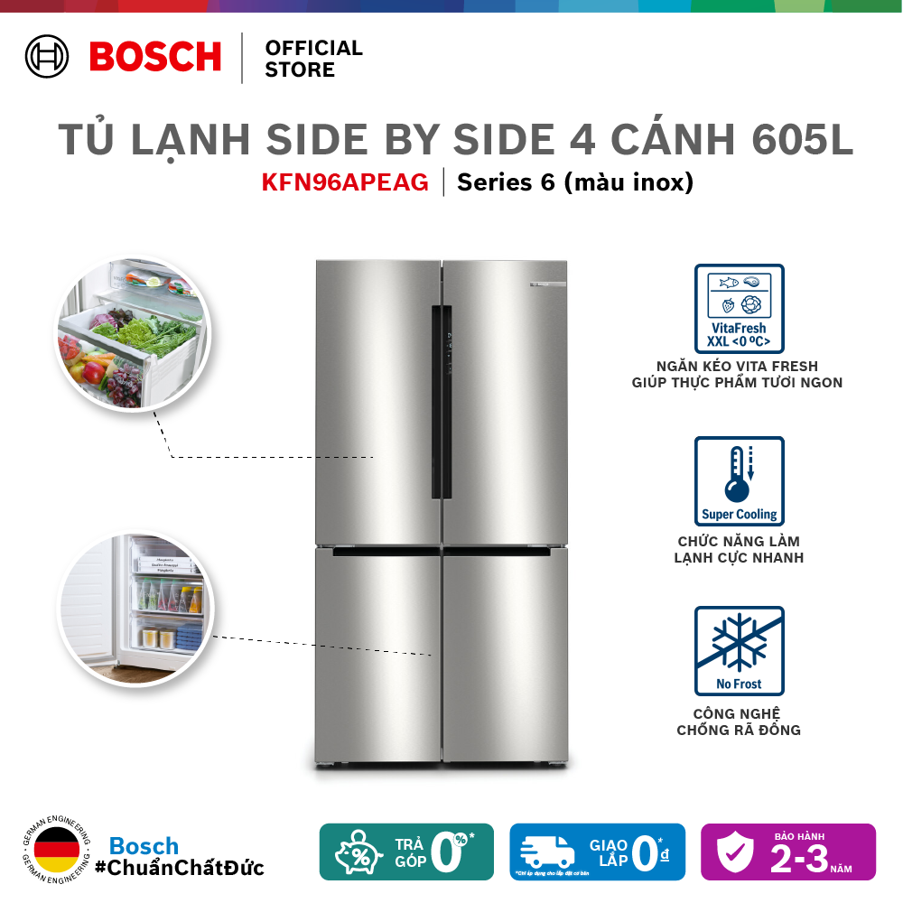 Tủ lạnh side by side 4 cánh 605l bosch kfn96apeag - series 4 - hàng chính hãng