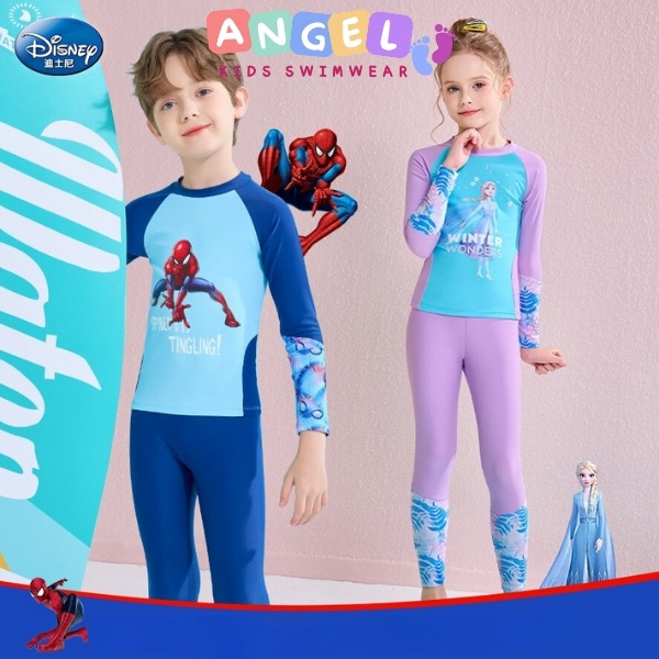 Đồ bơi bé trai bé gái họa tiết Disney siêu nhân và Esla tay dài quần dài chống nắng cho bé tới 45kg Angel Kids