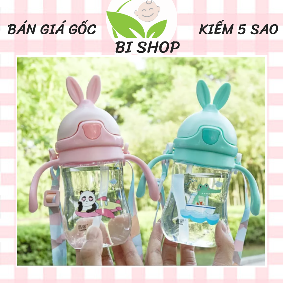 Bình nước cho bé, bình đựng nước uống dễ thương hình thỏ có ống hút silicon - BISHOPXM
