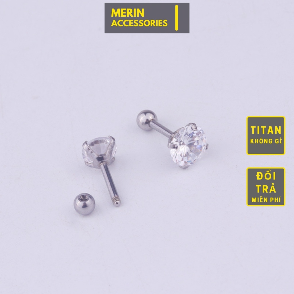 HOT SALE Khuyên tai nam Đính đá Hoa tai nam nữ Merin Accessories bông tai màu bạc đơn giản đẹp nhỏ xinh - Khuyên tai Đính đá