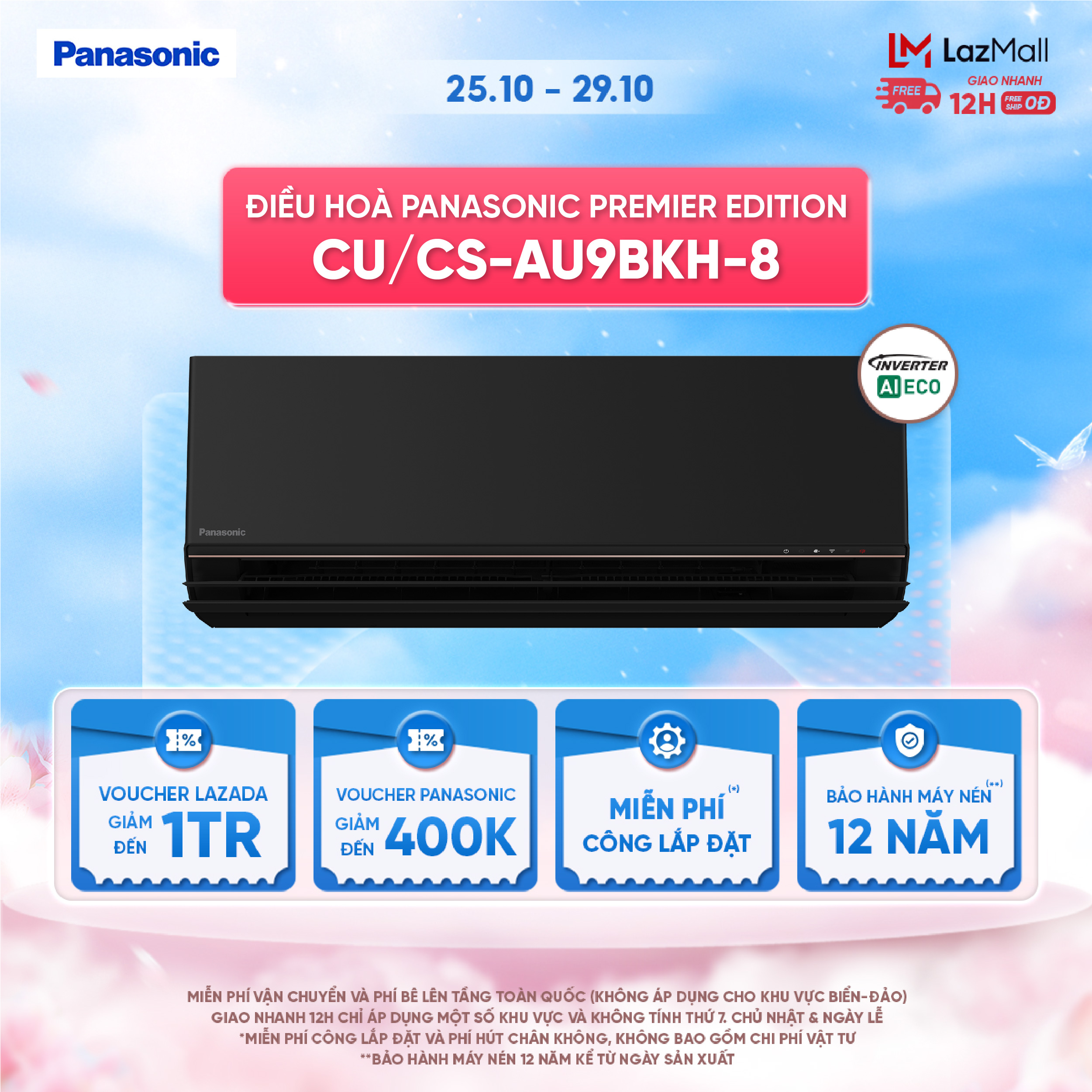 Điều hòa Panasonic Premier Edition CU/CS-AU9BKH-8 - 1HP - Một chiều - Lọc sạch không khí nanoeX - Wi