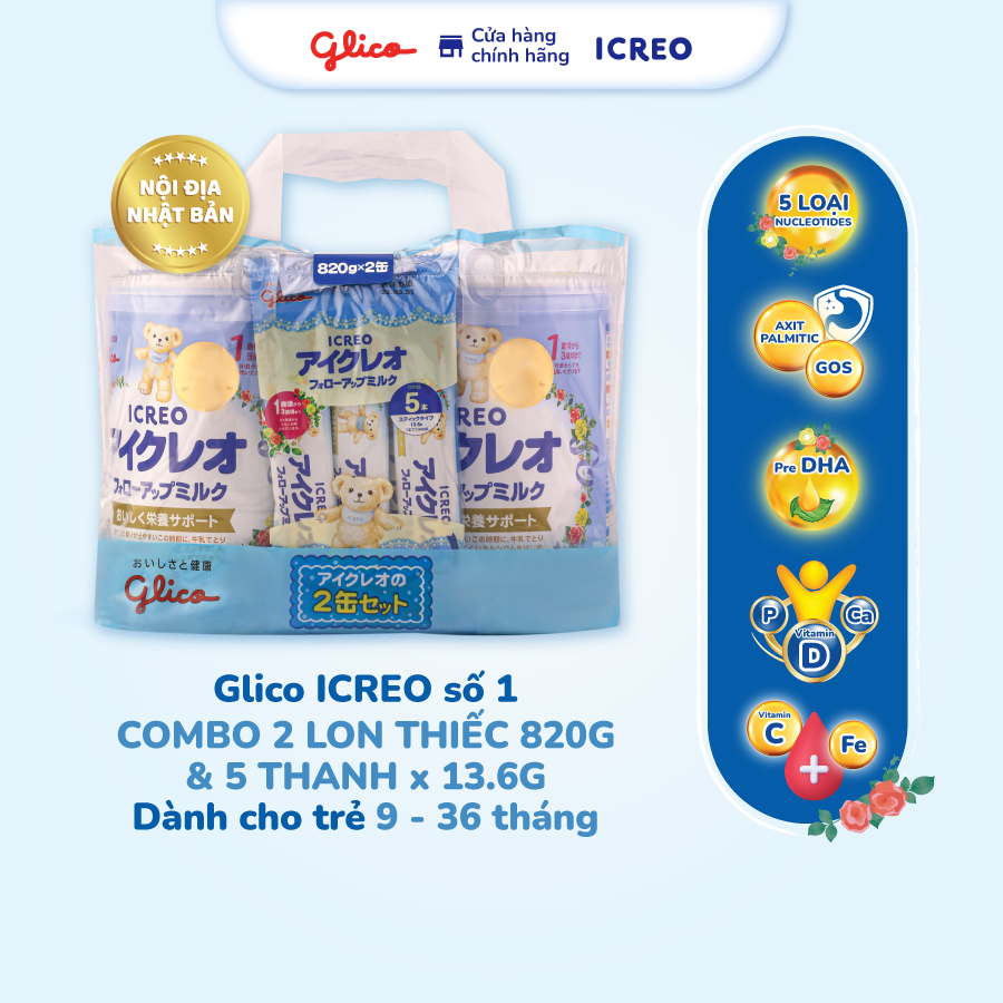 (CHỈ 25-31/8 MUA LÀ CÓ QUÀ -SLCH) CB Glico Icreo Follow up Milk số 1 gồm 2 hộp 820g & 5 thanh sữa tiện dụng (5 thanh x 13.6g) - 100% nội địa Nhật Bản