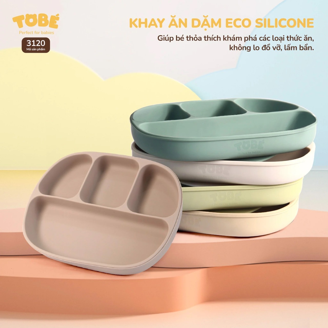 Khay ăn dặm silicone tobé 4 ngăn tiện lợi, chống đổ an toàn cho bé
