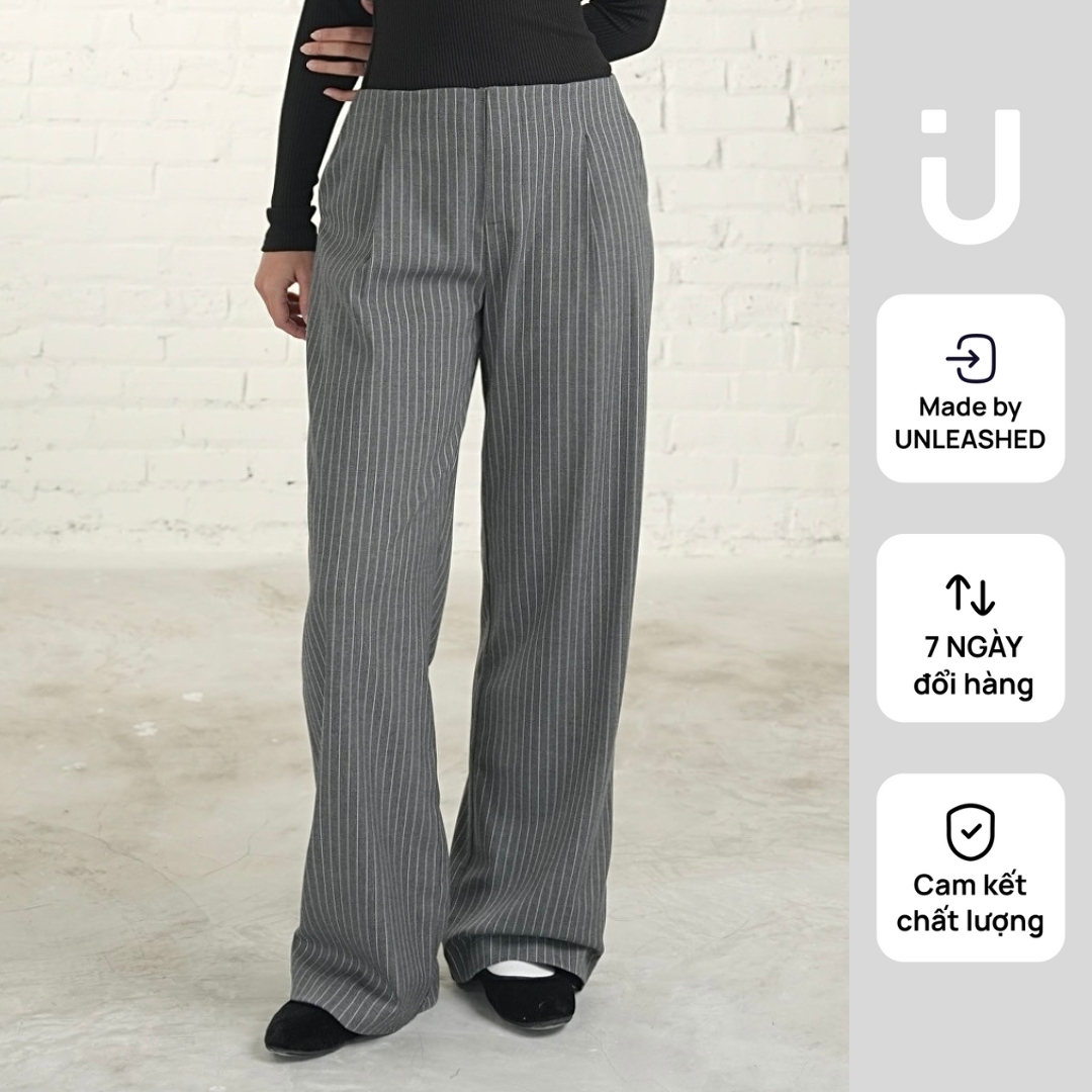 Quần suông xám kẻ cạp trễ dưới rốn Unleashedvn Mid Rise West Striped Trousers