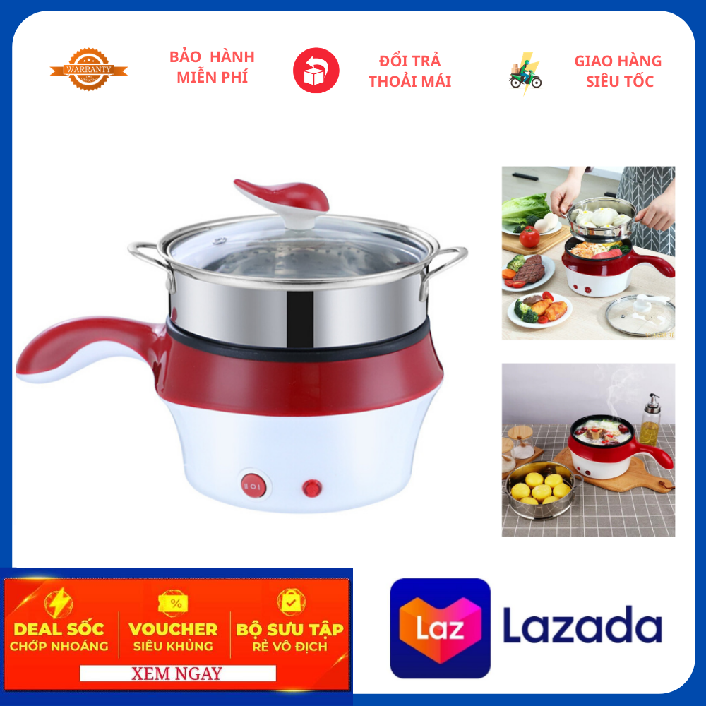 Nồi Lẩu Điện . Ca Mì Mini Đa Năng 2 Tầng Có Lồng Hấp Và Nắp Kính Cao Cấp, Nồi Nẩu Điện Siêu Tốc 18Cm Thế Hệ Mới