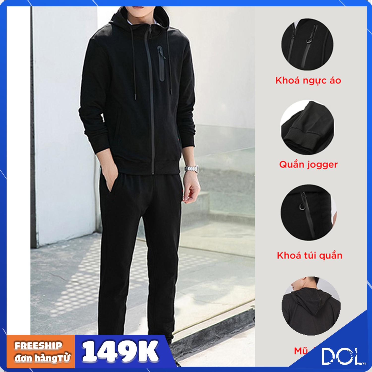 Bộ Quần Áo Nam dài tay có mũ DOL mùa đông, Chất thun co dãn, khóa ngực phong cách thể thao dạo phố Hot thu đông 2020