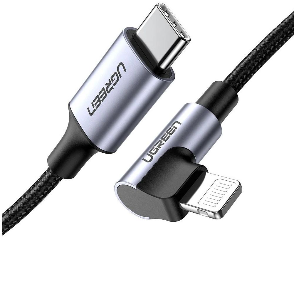Ugreen 60763 1m mfi đầu lightning bẻ 90 độ cáp usb type c ra lightning bọc nhôm chống nhiễu màu đen us305 60763