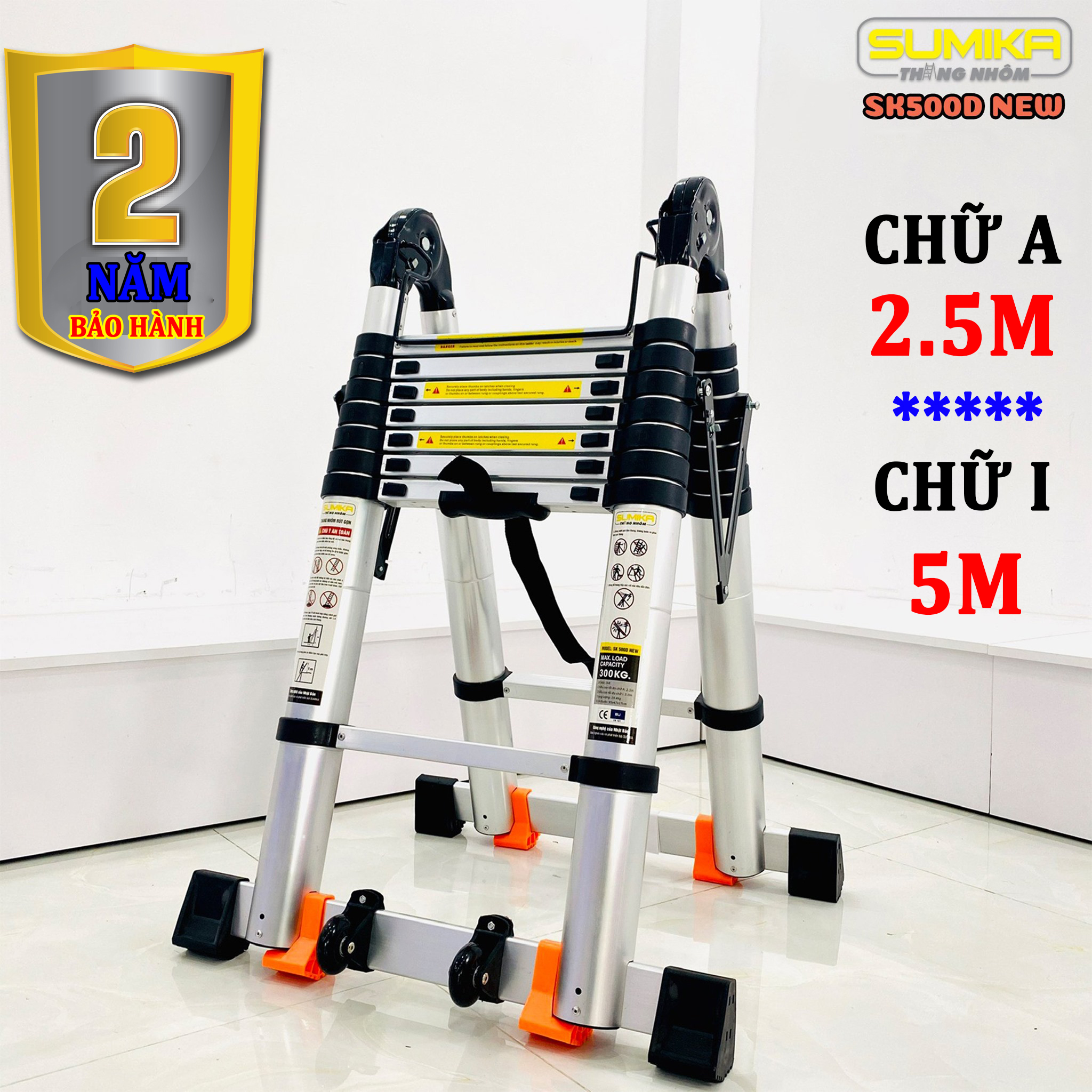 Thang nhôm rút đôi chữ A 2.5M chữ I 5M Sumika SK500D NEW, bảo hành 2 năm