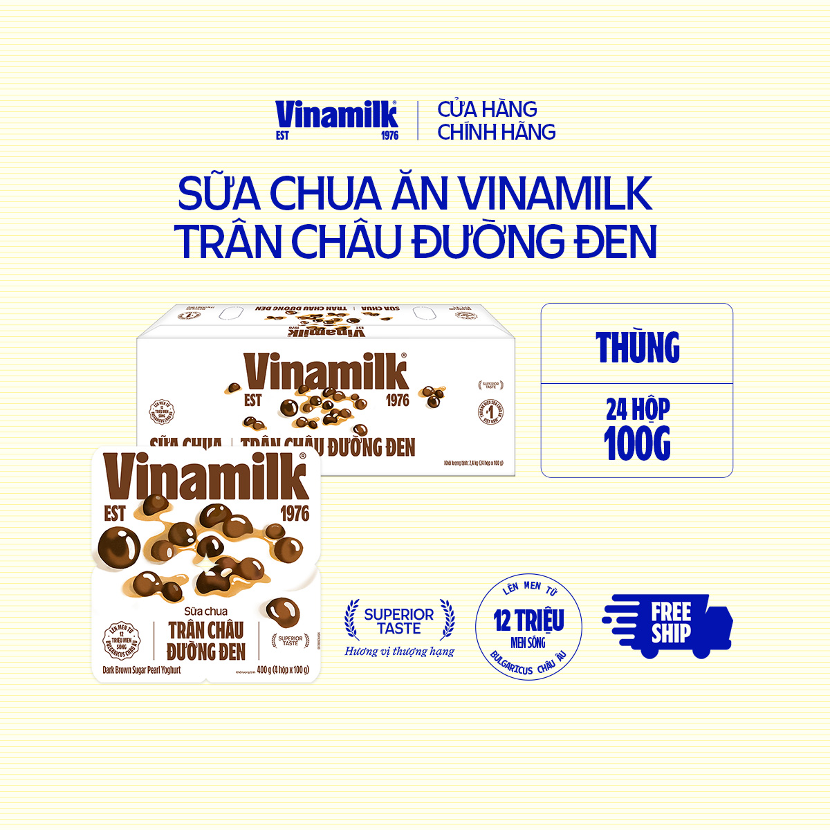 Thùng 24 Hộp Sữa chua ăn Vinamilk Love Yogurt Trân châu đường đen 100g