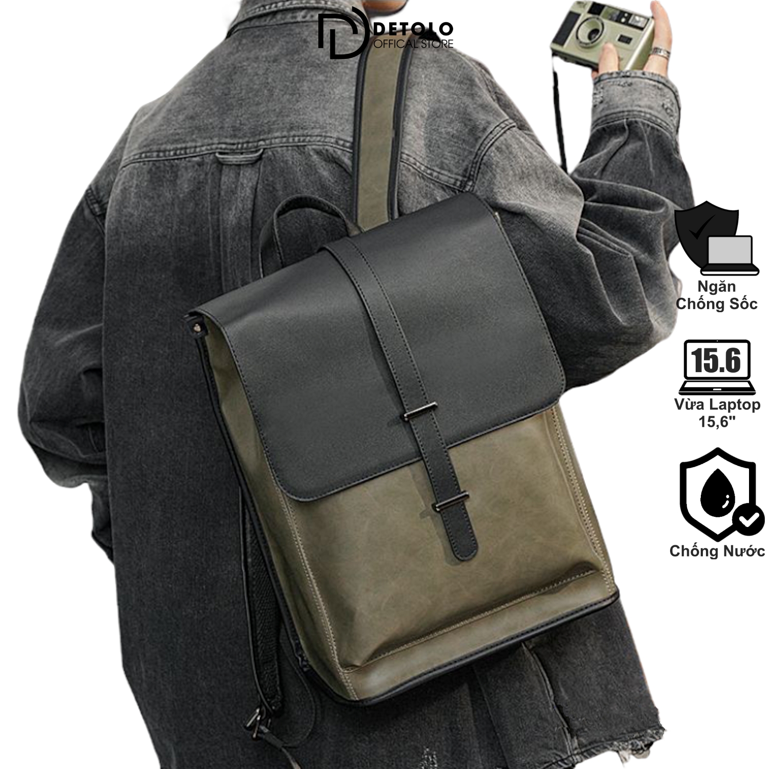 Balo Da Classic thời trang DETOLO có ngăn Laptop 15'6 ngăn ipad riêng
