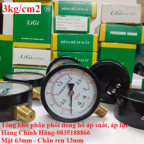 Đồng hồ đo áp suất nước, hơi, khí nén 3kg/cm2 mặt 63 chân ren 13mm