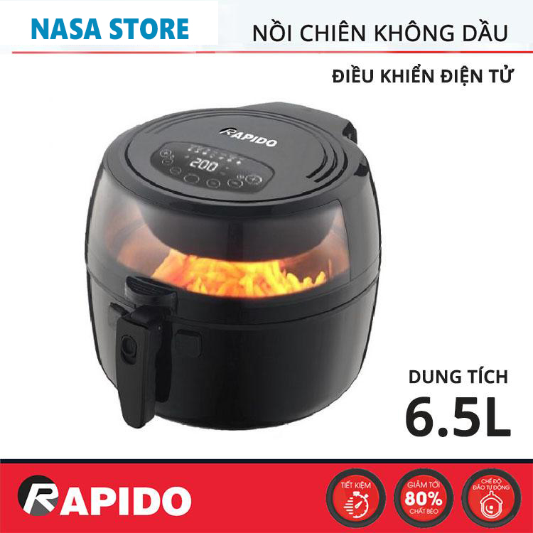 Nồi chiên không dầu rapido raf-6.5d có điều khiển điện tử, dung tích 6.5l , công suất 1800w, tiết kiệm năng lượng. giữ trọn vị ngon, loại bỏ chất béo. bảo hành 12 tháng chính hãng