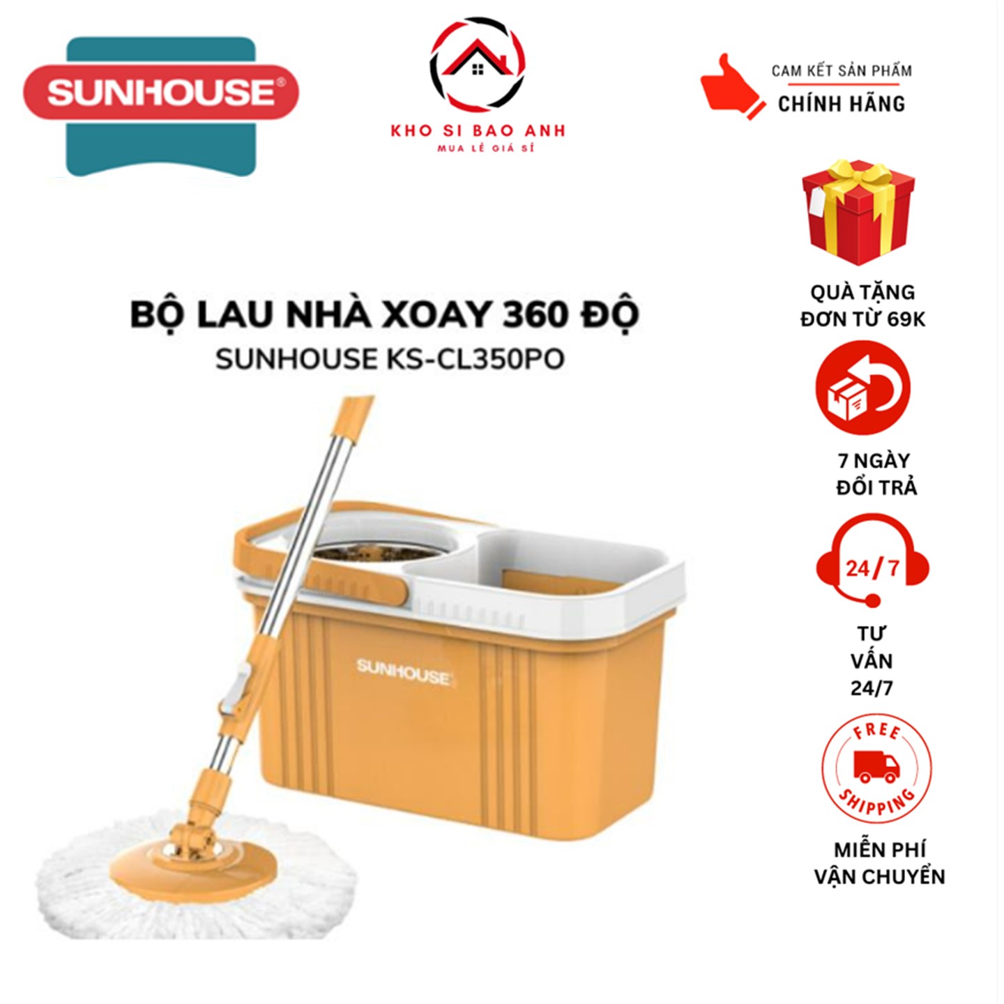 Bộ lau nhà xoay 360 độ SUNHOUSE KSCL350PObảo hành 6 tháng