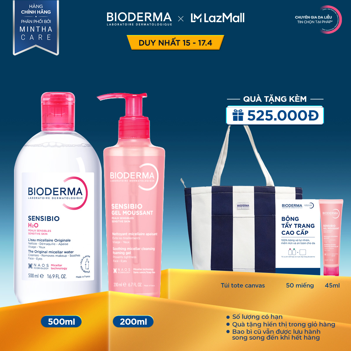 Bộ nước tẩy trang và làm sạch Micellar cho da nhạy cảm Bioderma Sensibo H2O 500ml và gel rửa mặt tạo bọt 200ml