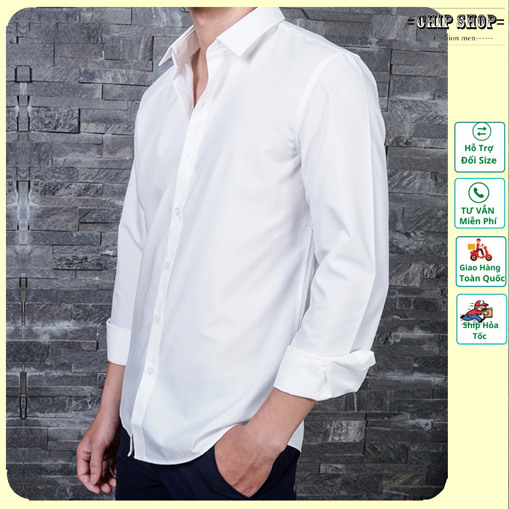 Áo sơ mi nam dài tay cổ bẻ, áo sơ mi vải lụa nến không nhăn không xù cao cấp